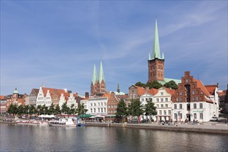 Stadttrave river or Trave River with the historic centre of Lubeck