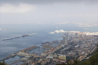 View of Gibraltar with its harbour and Bay of Gibraltar from Rock of Gibraltar