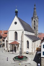 Cathedral Church of St. Martin and the market fountain on Marktplatz square of Rottenburg