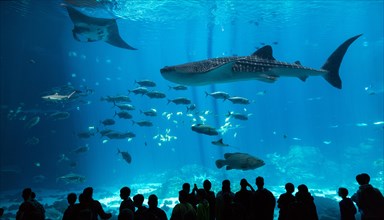 Visitors in front of a huge aquarium with manta ray (Manta sp.)