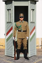 Guard in front of the Presidential Palace Sandor Palace on Castle Hill