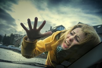 Young woman hitting the windshield of a car during an accident