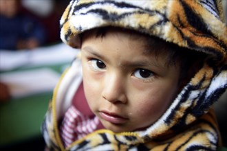 Boy wearing a hoodie with a tiger skin pattern