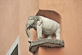 Elephant sculpture in a niche on the facade of the Elefanten Restaurant
