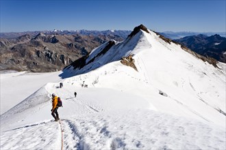 Mountain climbers on the summit ridge of Mount Cevedale in front of Zufallspitze Mountain