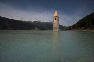 Church tower of Alt-Graun in Lake Reschen
