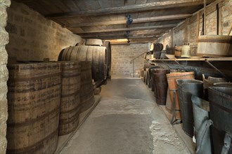 Old wine cellar with barrels of a winery