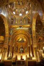 Byzantine mosaics with Christ Pantocrator above the altar at the Palatine Chapel or Cappella Palatina