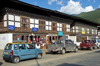 Shops in typical Bhutanese buildings in the main street of Paro