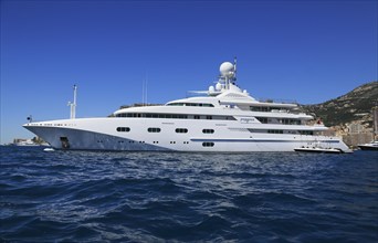 Royal Denship motor yacht Pegasus V at anchor in front of the Principality of Monaco