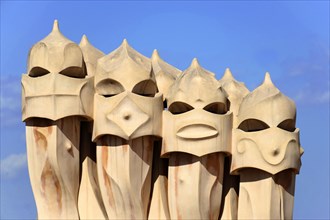 Sculptural ventilation shafts on the roof of Casa Mila or La Pedrera by Antoni Gaudi