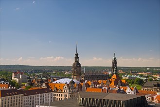 View from the Holy Cross Church over the roof of the Palace of Culture towards Hausmannsturm tower and Dresden Cathedral