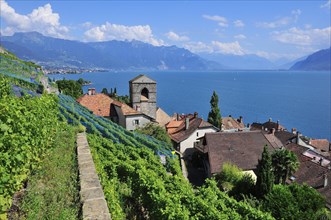 View over the wine-producing village and Lake Geneva towards the Swiss Rhone Valley