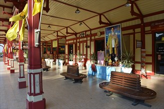 Hua Hin Railway Station with a portrait of King Bhumibol Adulyadej the Great