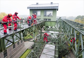 Firefighters practicing rescue from heights on the old Henrichenburg boat lift