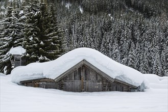 Snow-covered log cabin