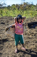 Girl carrying her little sister in a traditional basket on her back