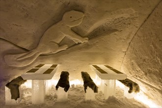 Tables and benches made of ice