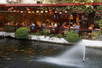 Restaurant and goldfish pond in the old town