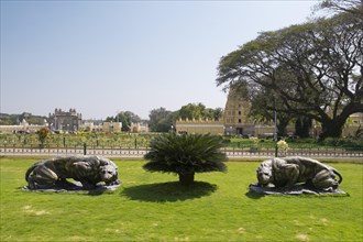 Bronze sculptures of jaguars at the Mysore Palace