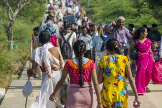 Jain pilgrims walking up Mount Shatrunjaya