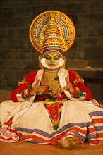 Kathakali dancer in full makeup wearing a costume