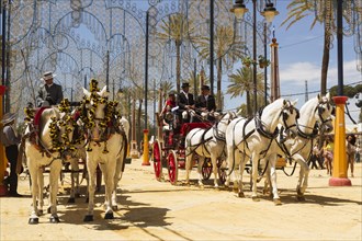 Decorated horses and dressed up coachmen at the Feria del Caballo Horse Fair