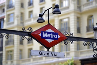 Sign of the Calle Gran Via metro station on Gran Via avenue