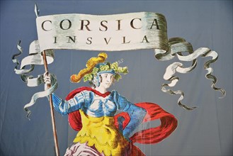 Wall painting of a female figure and a flag with the inscription 'Corsica Insula'