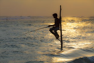 Stilt fisherman fishing in shallow water