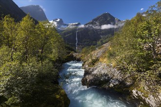 Briksdalselva River with a view towards the Volefossen Waterfall