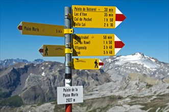 Signposts on Mt Pointe de la Plaine Morte near Crans-Montana