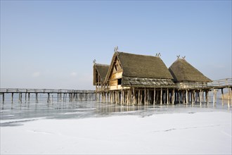 Pfahlbaumuseum Unteruhldingen museum and frozen Lake Constance