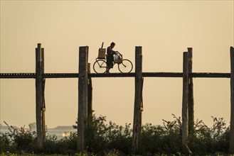 Man with a bike walking on a teak bridge