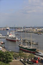 The museum ships Rickmers Rickmers and Cap San Diego on the Elbe River