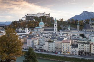 View from Capuchin Mountain towards Salzburg Cathedral and Hohensalzburg Fortress
