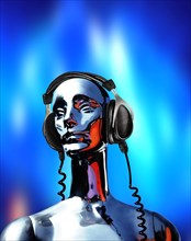 A chrome mannequin wearing headphones