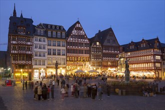 Half-timbered houses on the Romerberg at night