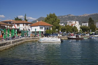 Waterfront and boats moored in Ohrid harbour on Lake Ohrid