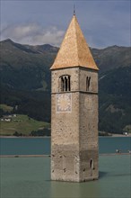 Church tower of Alt-Graun in Lake Reschen