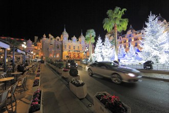 Forecourt of the Casino de Monte-Carlo with christmas decoration with white fir