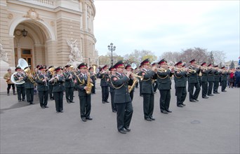 Military brass band at a parade commemorating the liberation of Odessa from the Nazis
