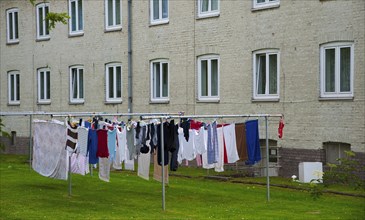 Laundry hanging outside in front of council flats