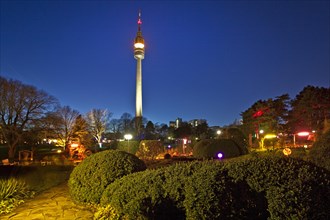 Winter lights in Westphalia Park with the television tower Florian at dusk