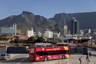 Red bus of City Sightseeing Cape Town and the skyline of Cape Town