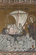 Jesus saving St. Peter on a boat in the sea