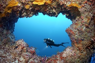 Scuba diver diving in front of a cave entrance