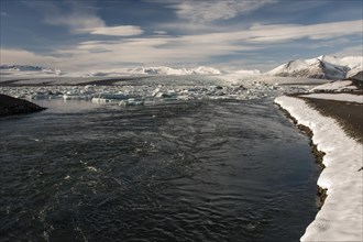 View of the Jokulsarlon glacier lagoon from the bridge over the lake outlet