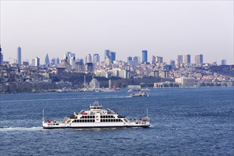 Car ferry on the Bosphorus and the districts of Besiktas and Sisli with Dolmabahce Palace
