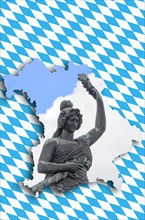 Shape of Bavaria with the pattern of the Bavarian flag and a statue of Bavaria